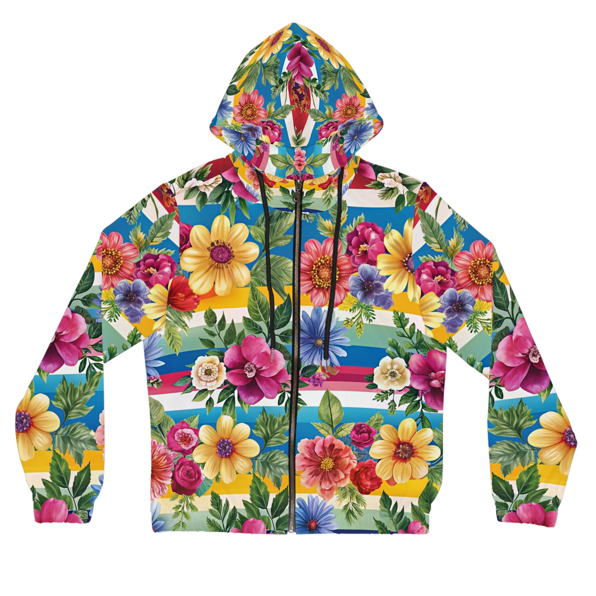 Floral Stripe 4K Women’s Full-Zip Hoodie (AOP), Artsulli - Art is Long, Life is Short, All Over Prints, Size, XS, Color, Black, , , 12583405421241492962