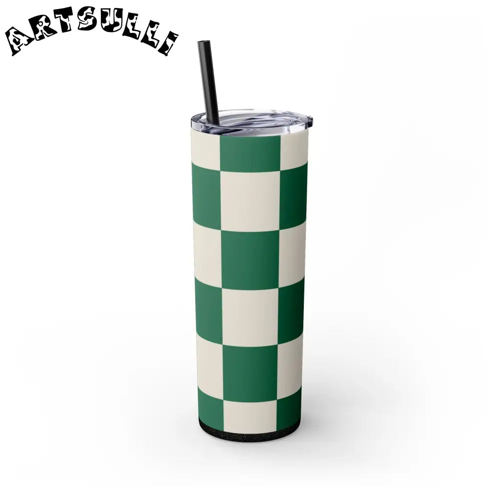 JAKKOUTTHEBXX Checkerboard Dark Green Skinny Tumbler with Straw 20oz
