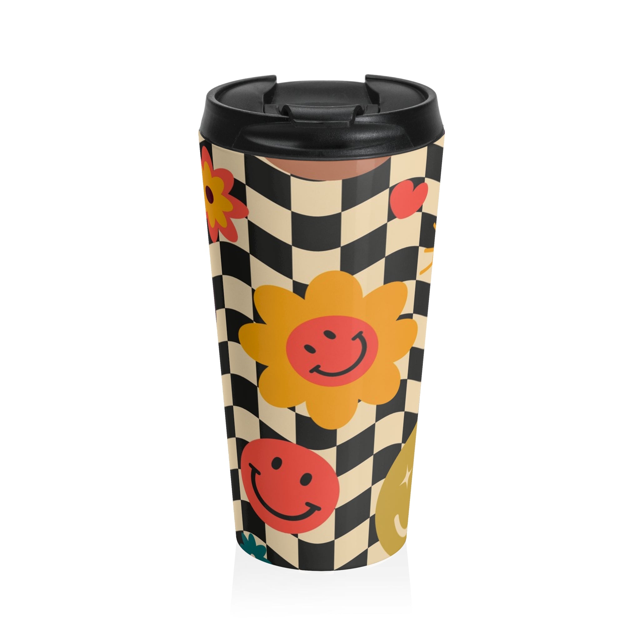 Trippy x Wavy Checkerboard x Smiley Face x Rainbow x Flowers Multi-Color Stainless Steel Travel Mug, Artsulli - Art is Long, Life is Short, Mug, Size, 15oz, , , , , 67490646741688985440