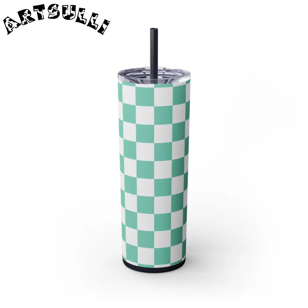 JAKKOUTTHEBXX Checkerboard Light Green Skinny Tumbler with Straw