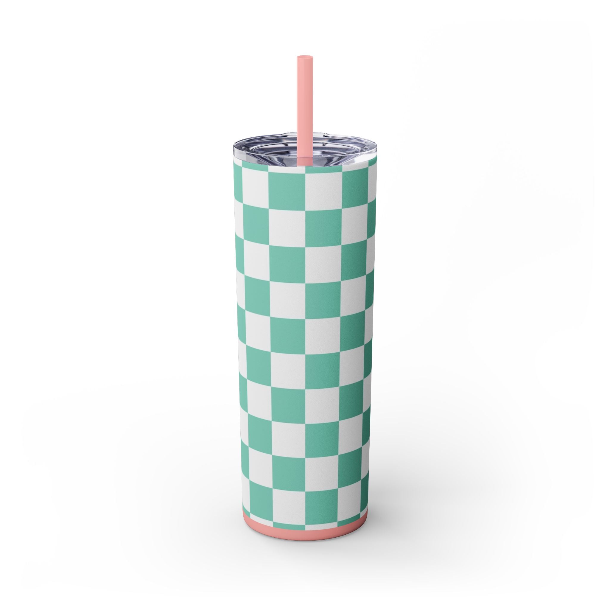 Checkerboard Light Green Skinny Tumbler with Straw, 20oz, Artsulli - Art is Long, Life is Short, Mug, , , , , , , 