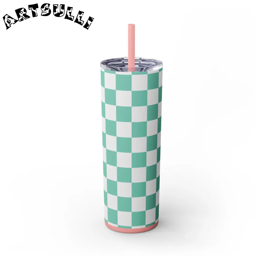 JAKKOUTTHEBXX Checkerboard Light Green Skinny Tumbler with Straw