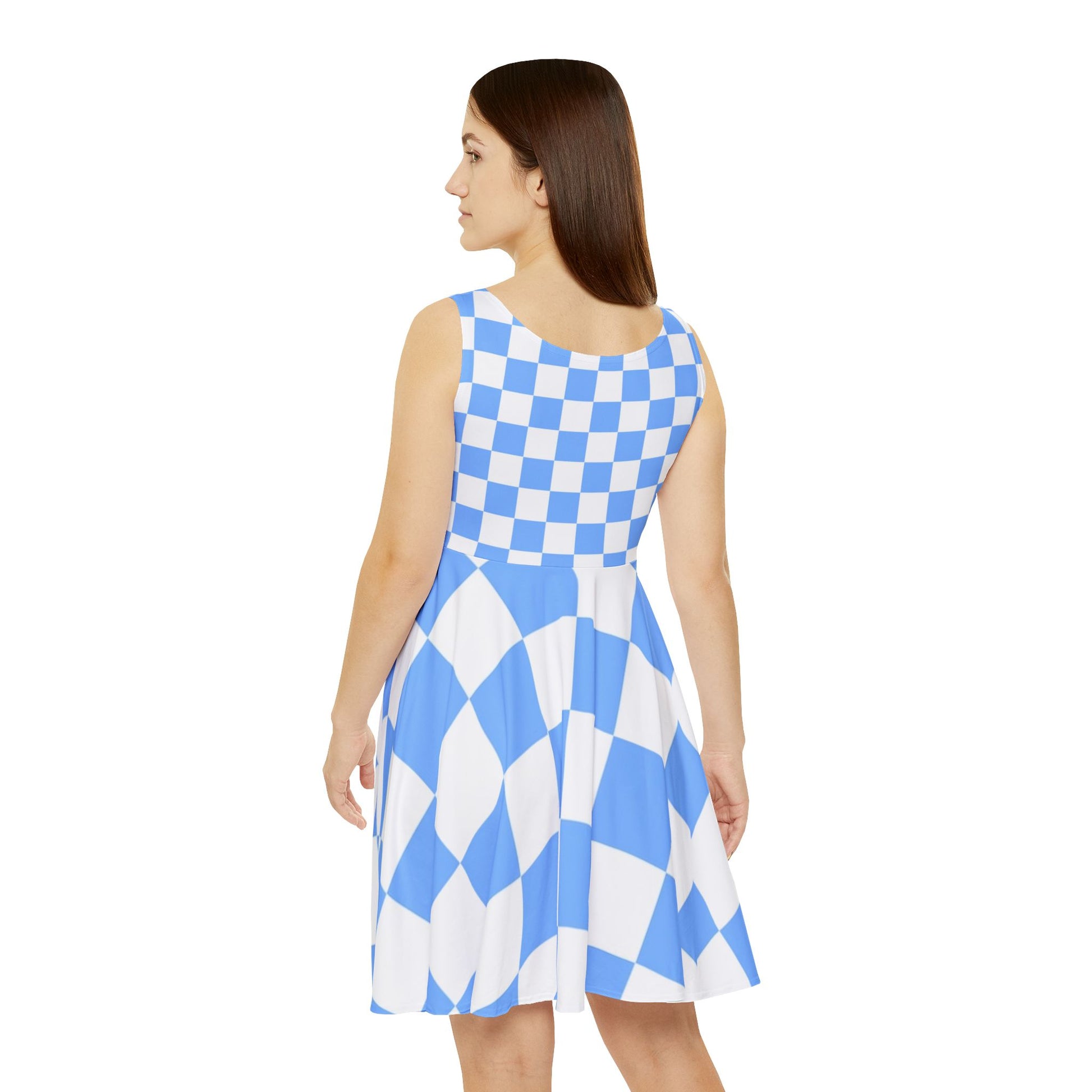 Checkerboard White and Light Blue Women's Skater Dress (AOP), Artsulli - Art is Long, Life is Short, All Over Prints, , , , , , , 