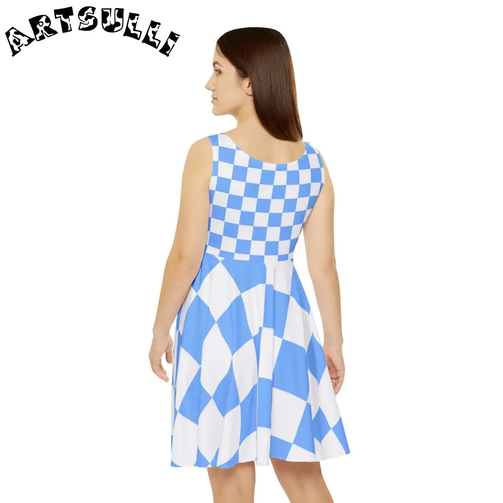 JAKKOUTTHEBXX Checkerboard White and Light Blue Women’s Skater Dress