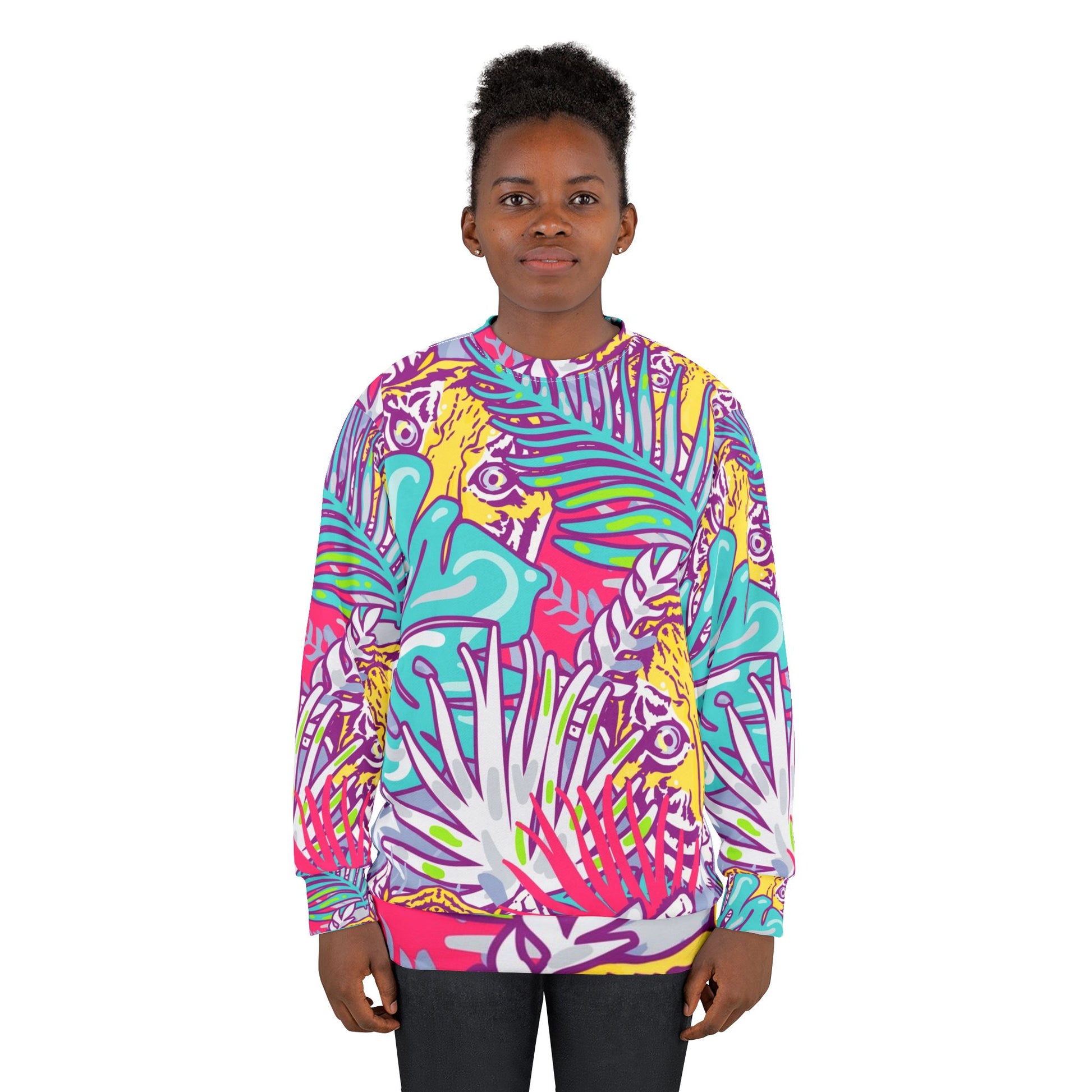 Tropical Floral Tigers Torquise and Purple Unisex Sweatshirt (AOP), Artsulli - Art is Long, Life is Short, All Over Prints, , , , , , , 
