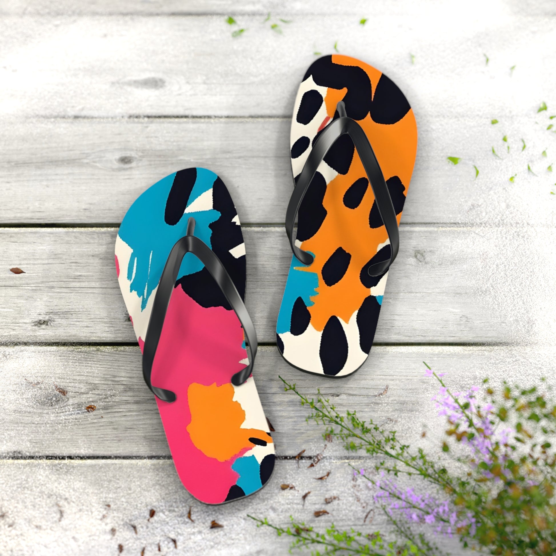 Wild Brush Strokes x Animal Print Multi-Color Flip Flops, Artsulli - Art is Long, Life is Short, Shoes, , , , , , , 