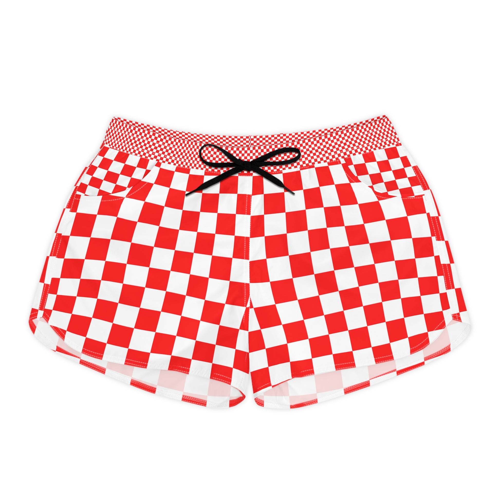 Checkerboard Red and White Women's Casual Shorts (AOP), Artsulli - Art is Long, Life is Short, All Over Prints, Size, S, Color, Black drawstring, , , 33834100759620120157