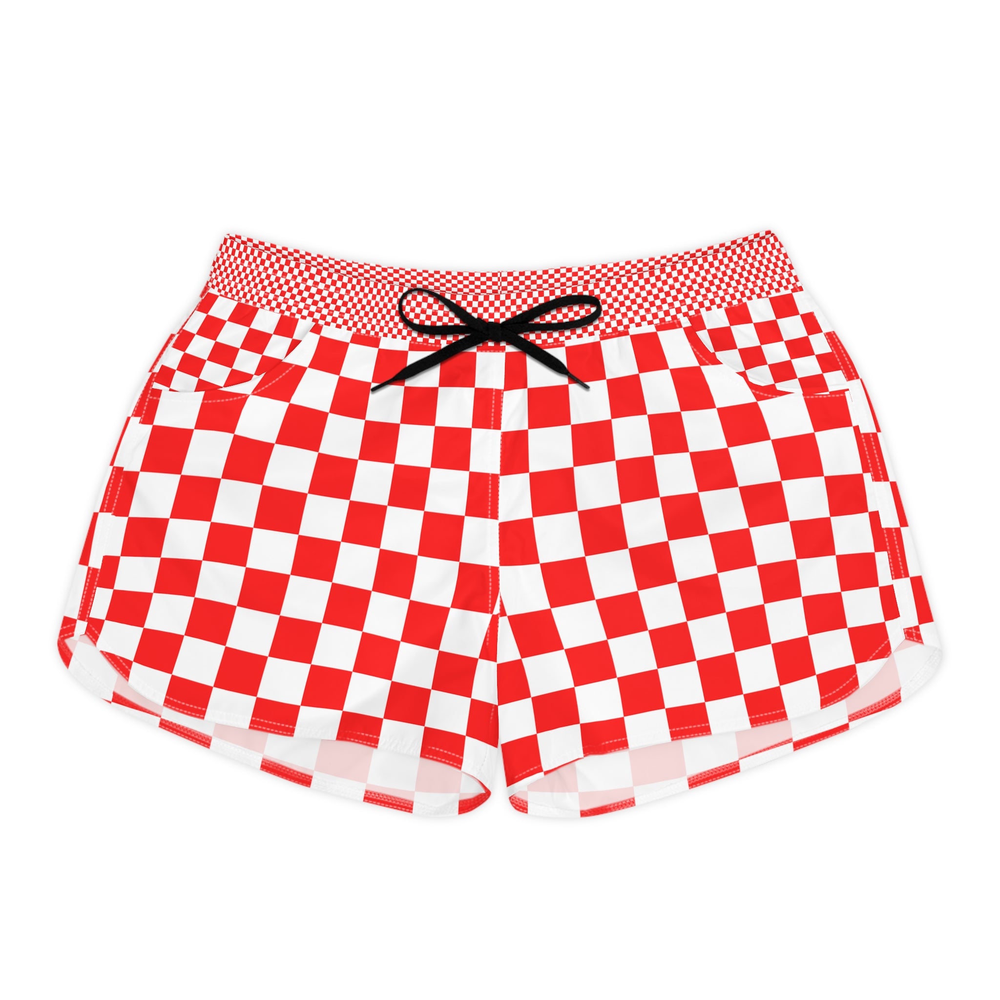 Checkerboard Red and White Women's Casual Shorts (AOP), Artsulli - Art is Long, Life is Short, All Over Prints, Size, S, Color, Black drawstring, , , 33834100759620120157