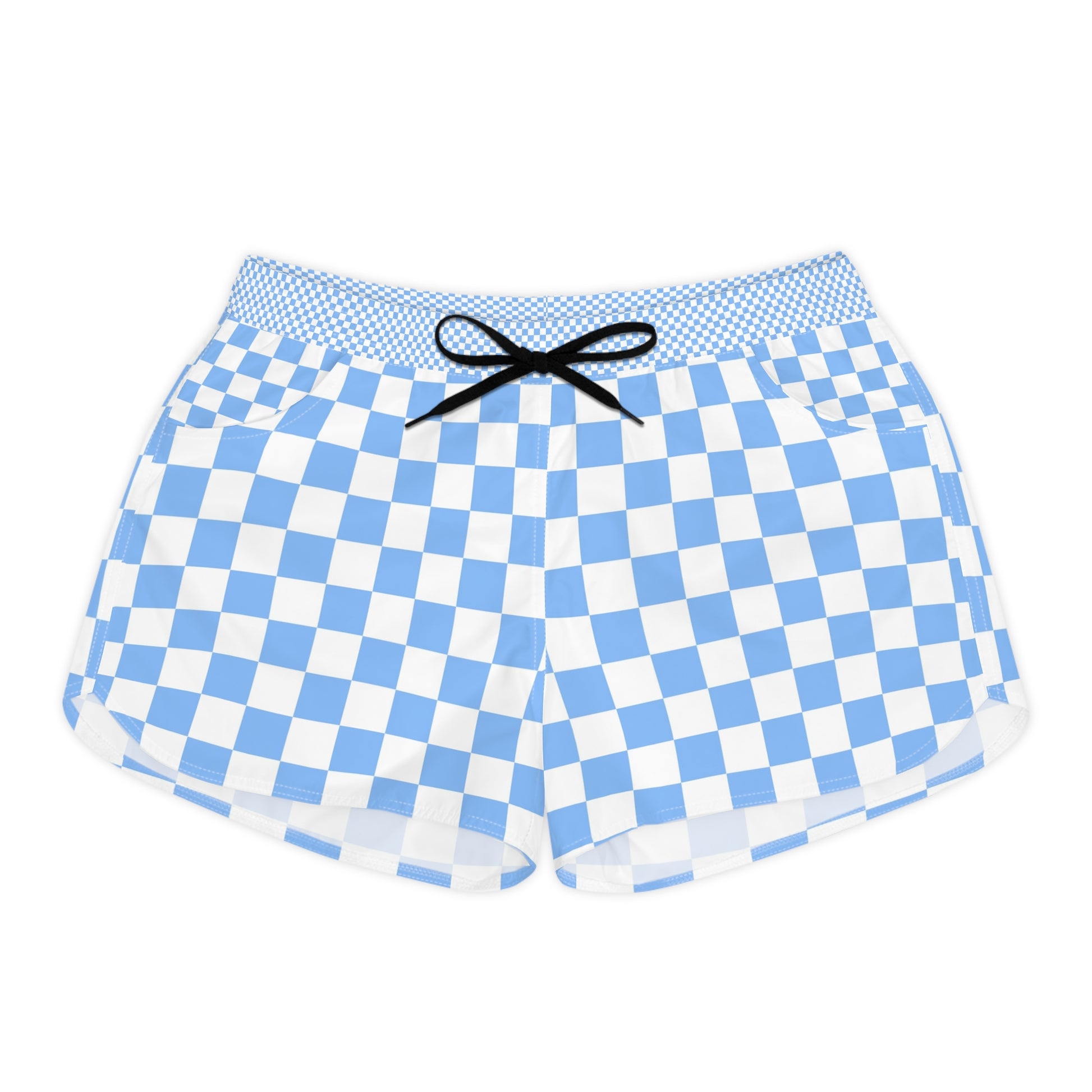 Checkerboard White and Light Blue Women's Casual Shorts (AOP), Artsulli - Art is Long, Life is Short, All Over Prints, Size, S, Color, Black drawstring, , , 21597101073070161791
