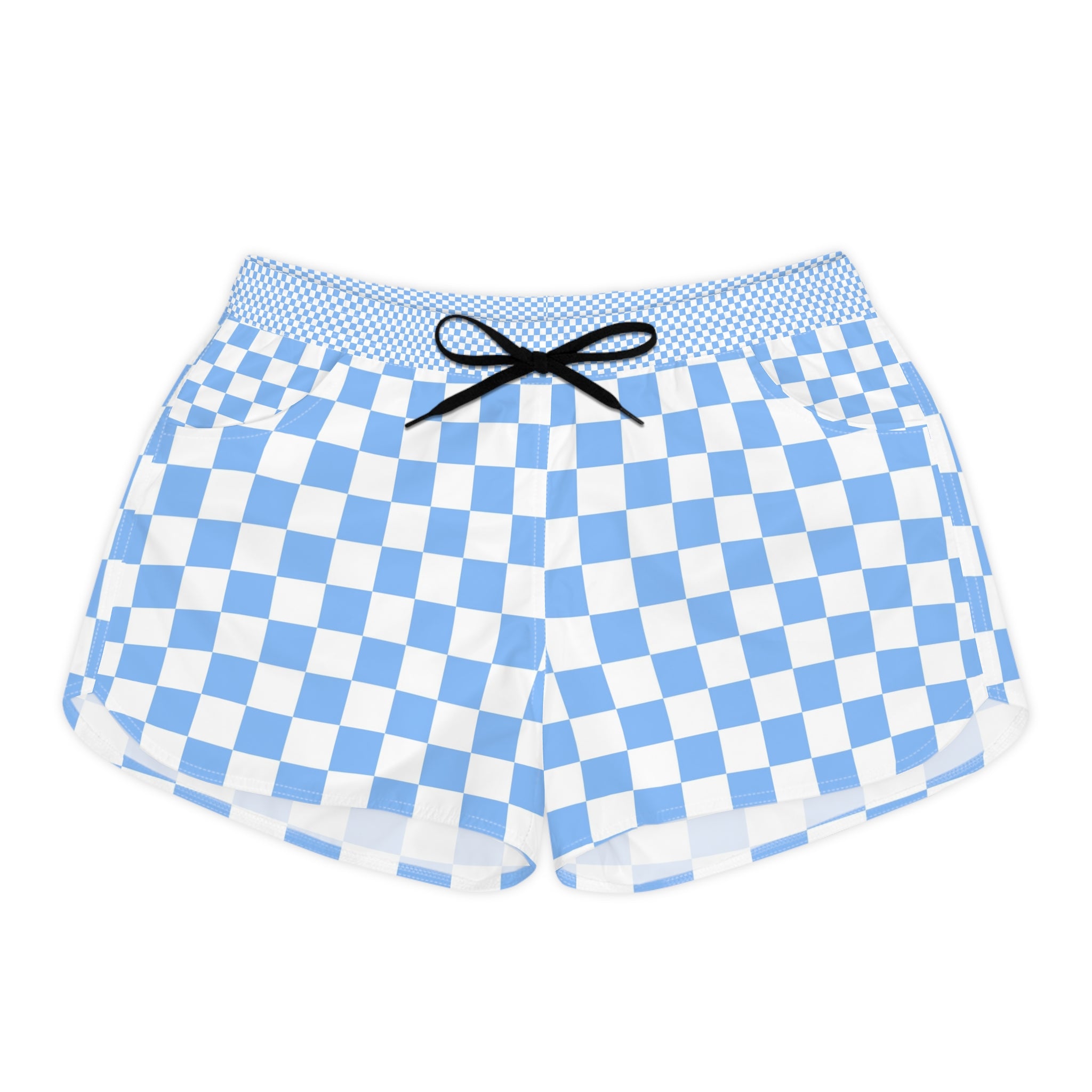 Checkerboard White and Light Blue Women's Casual Shorts (AOP), Artsulli - Art is Long, Life is Short, All Over Prints, Size, S, Color, Black drawstring, , , 21597101073070161791