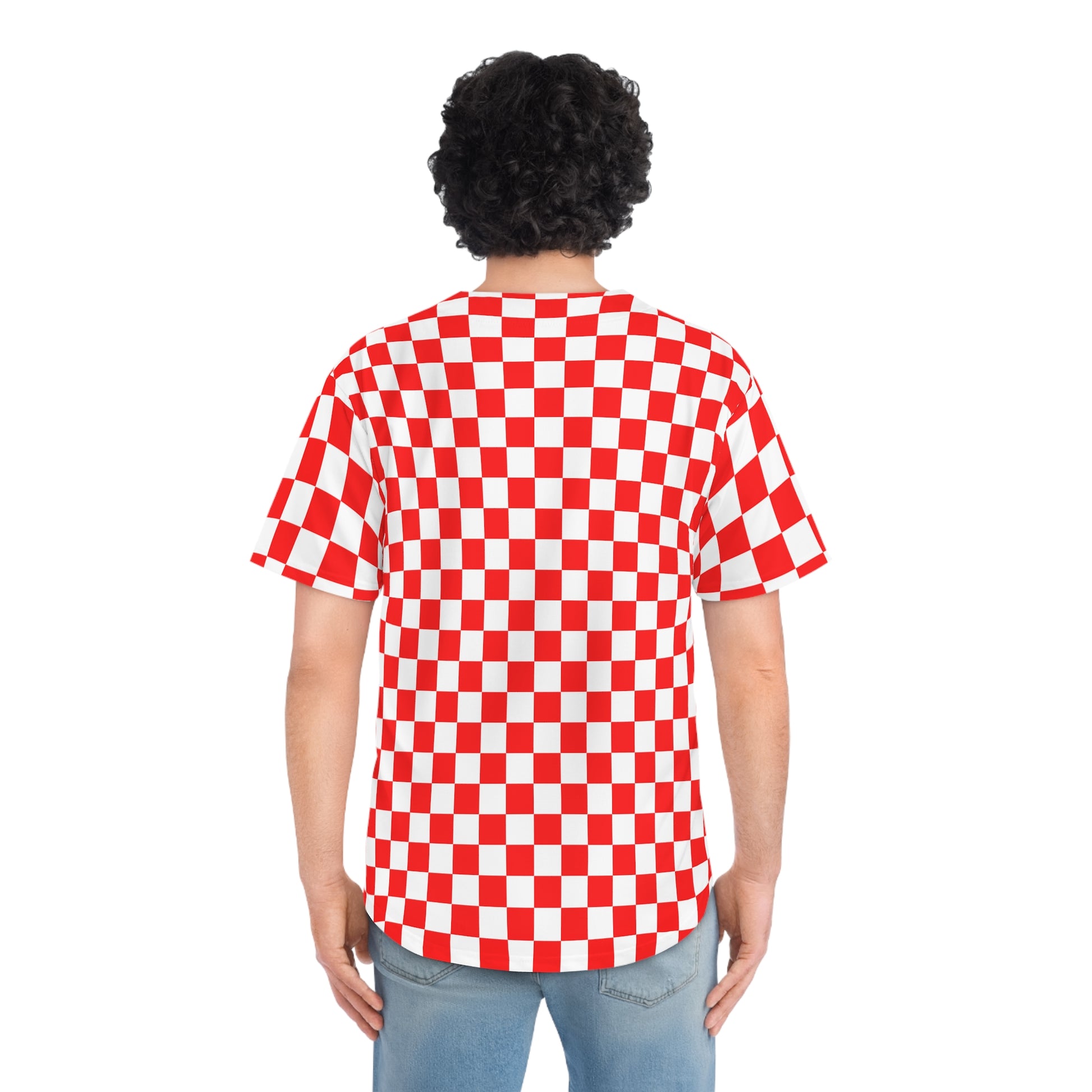 Checkerboard II Red and White Men's Baseball Jersey (AOP), Artsulli - Art is Long, Life is Short, All Over Prints, , , , , , , 
