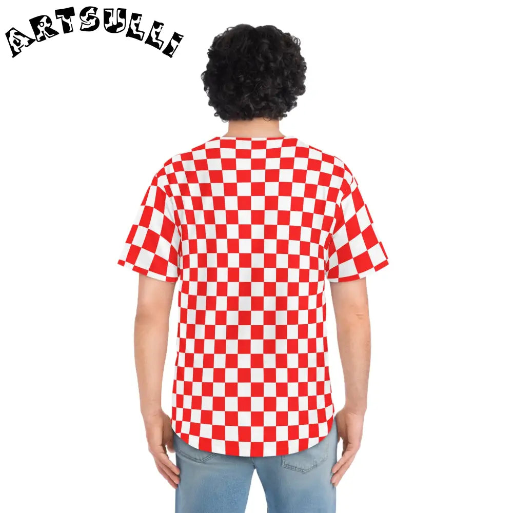 JAKKOUTTHEBXX Checkerboard II Red and White Men’s Baseball Jersey