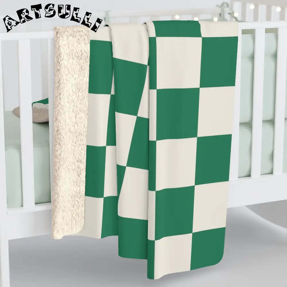 JAKKOUTTHEBXX Checkerboard II Dark Green Sherpa Fleece Blanket