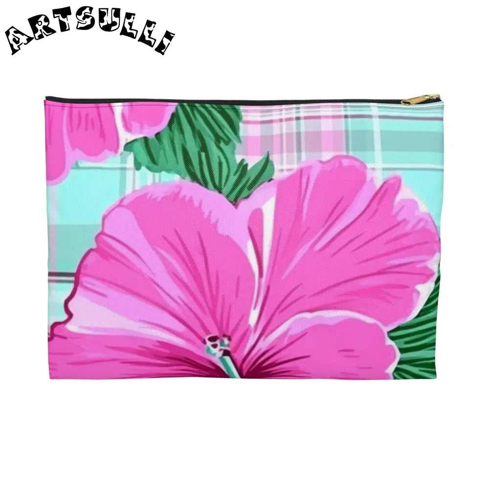JAKKOUTTHEBXX Pink Hibiscus Plaid Flat Pouch JAKKOUTTHEBXX Artsulli