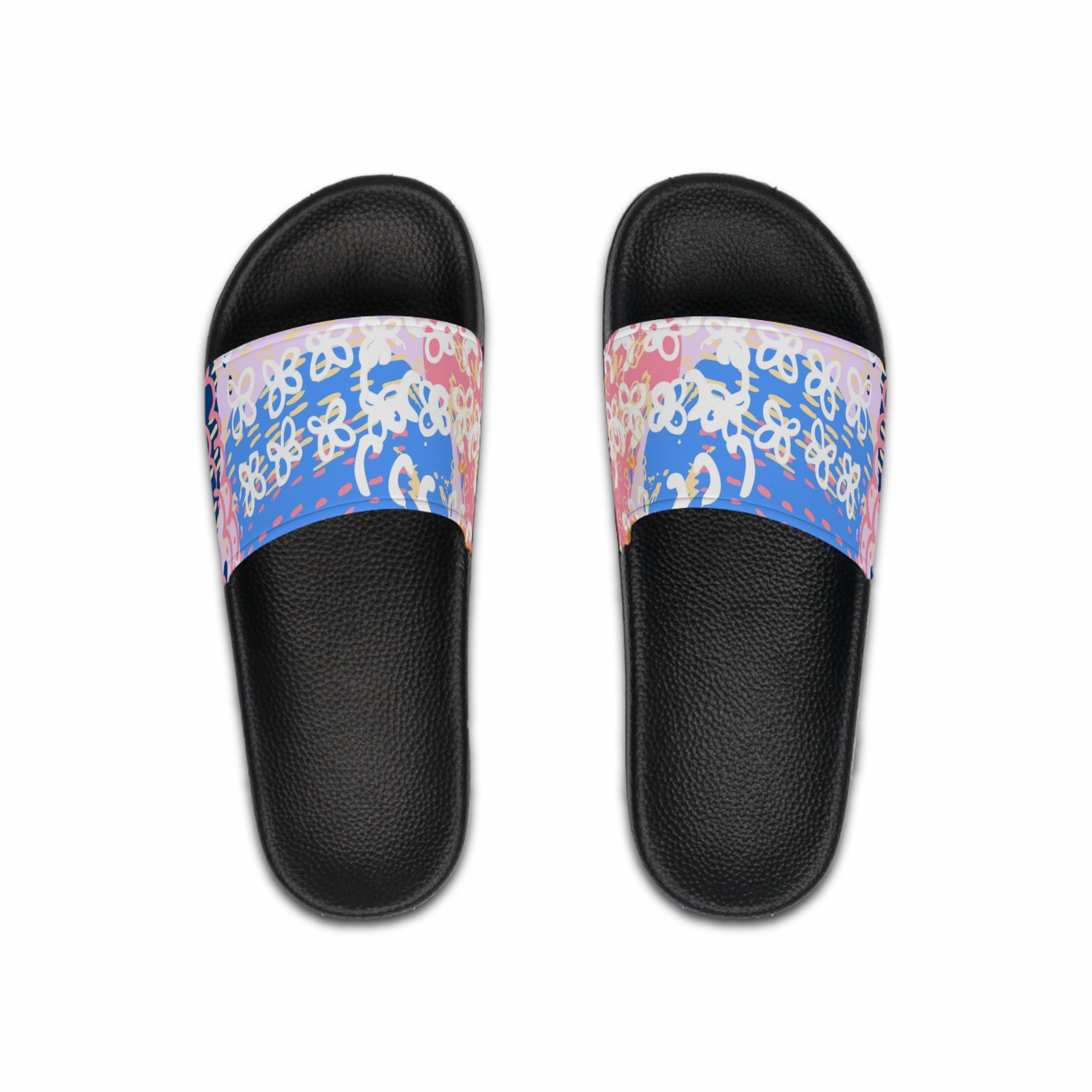 Flowers x Doodles x Hearts Multi-Color Men's Slide Sandals, Artsulli - Art is Long, Life is Short, Shoes, Color, Black sole, Size, US 6, , , 27886441559951668378