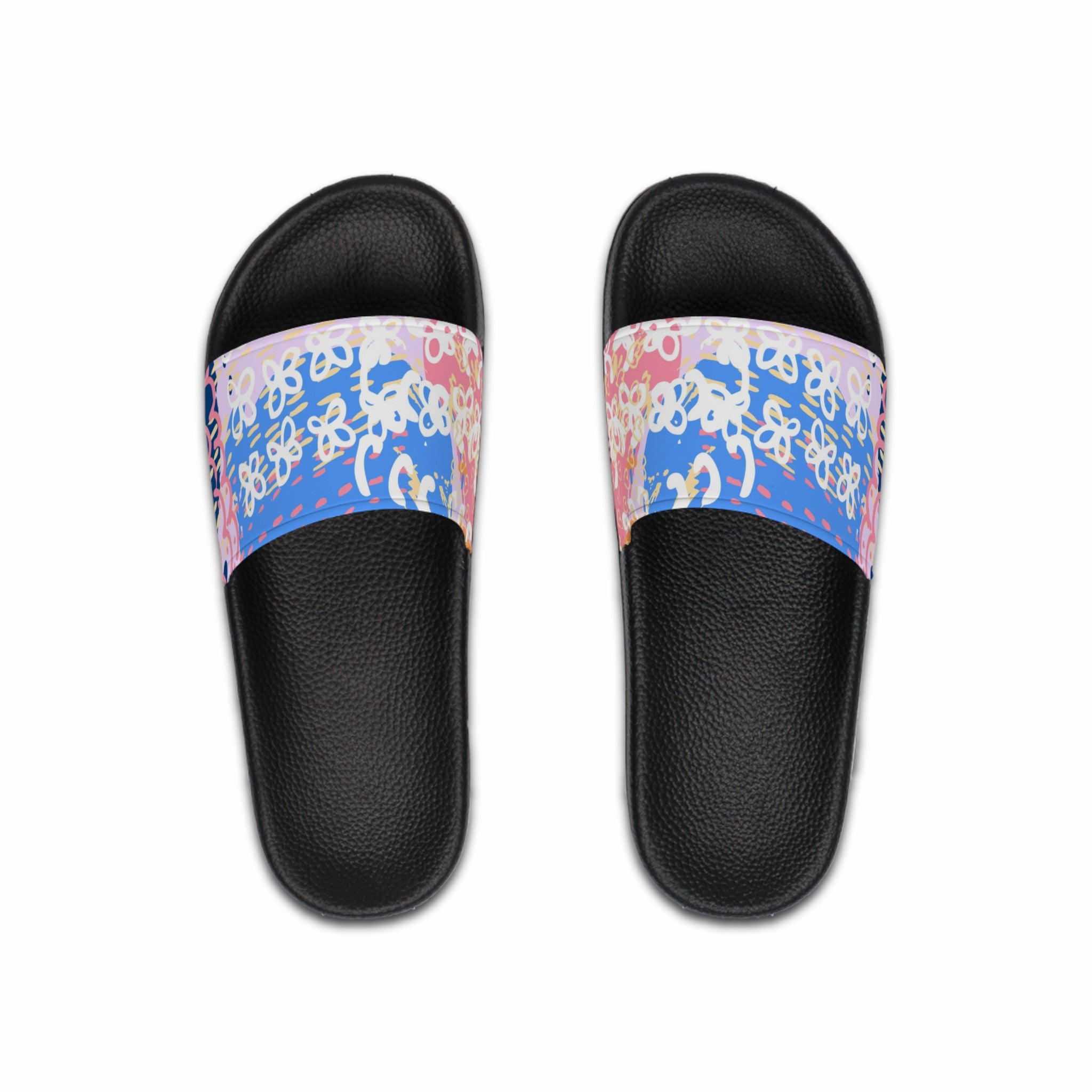 Flowers x Doodles x Hearts Multi-Color Men's Slide Sandals, Artsulli - Art is Long, Life is Short, Shoes, Color, Black sole, Size, US 6, , , 27886441559951668378