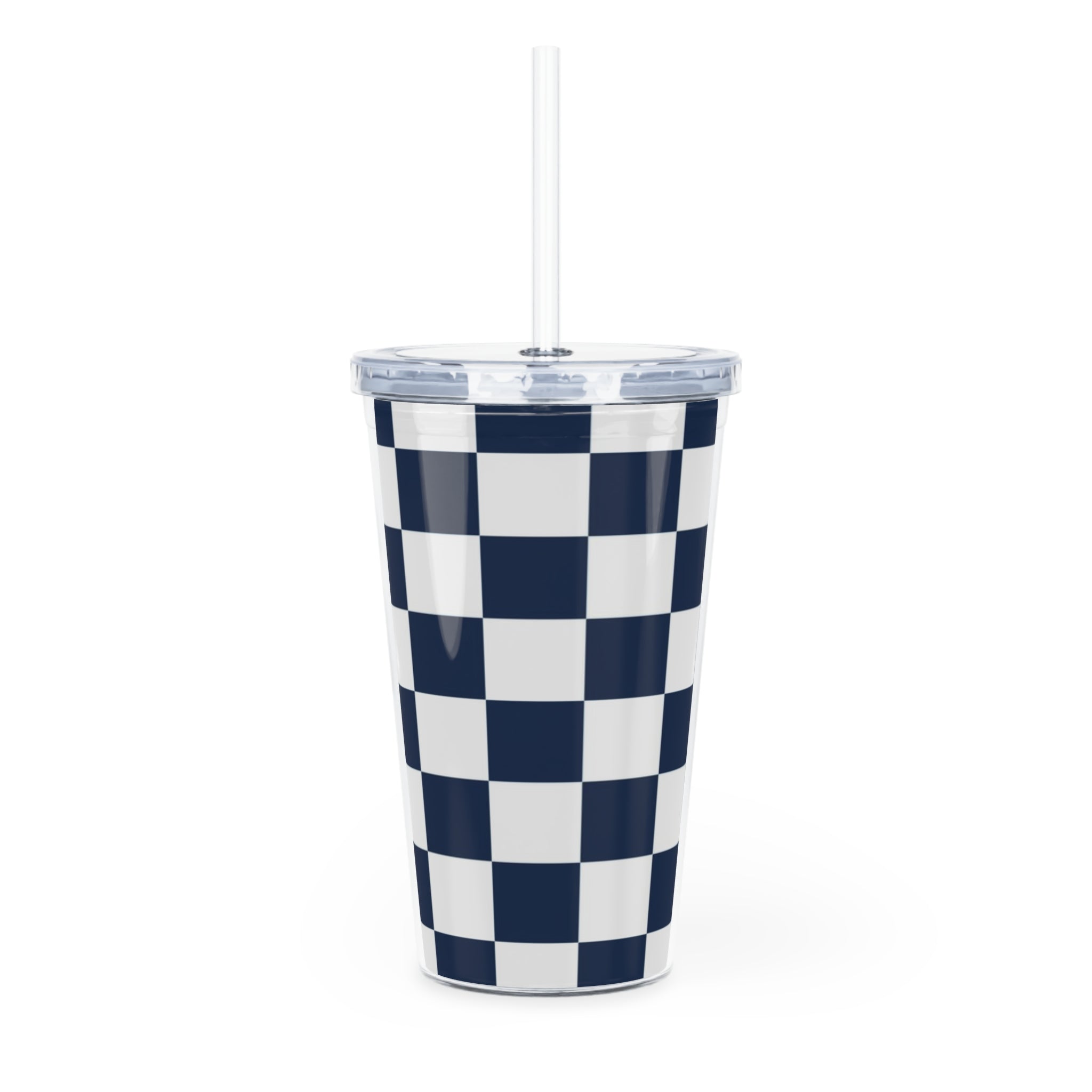 Checkerboard White and Navy Blue Plastic Tumbler with Straw, Artsulli - Art is Long, Life is Short, Mug, , , , , , , 