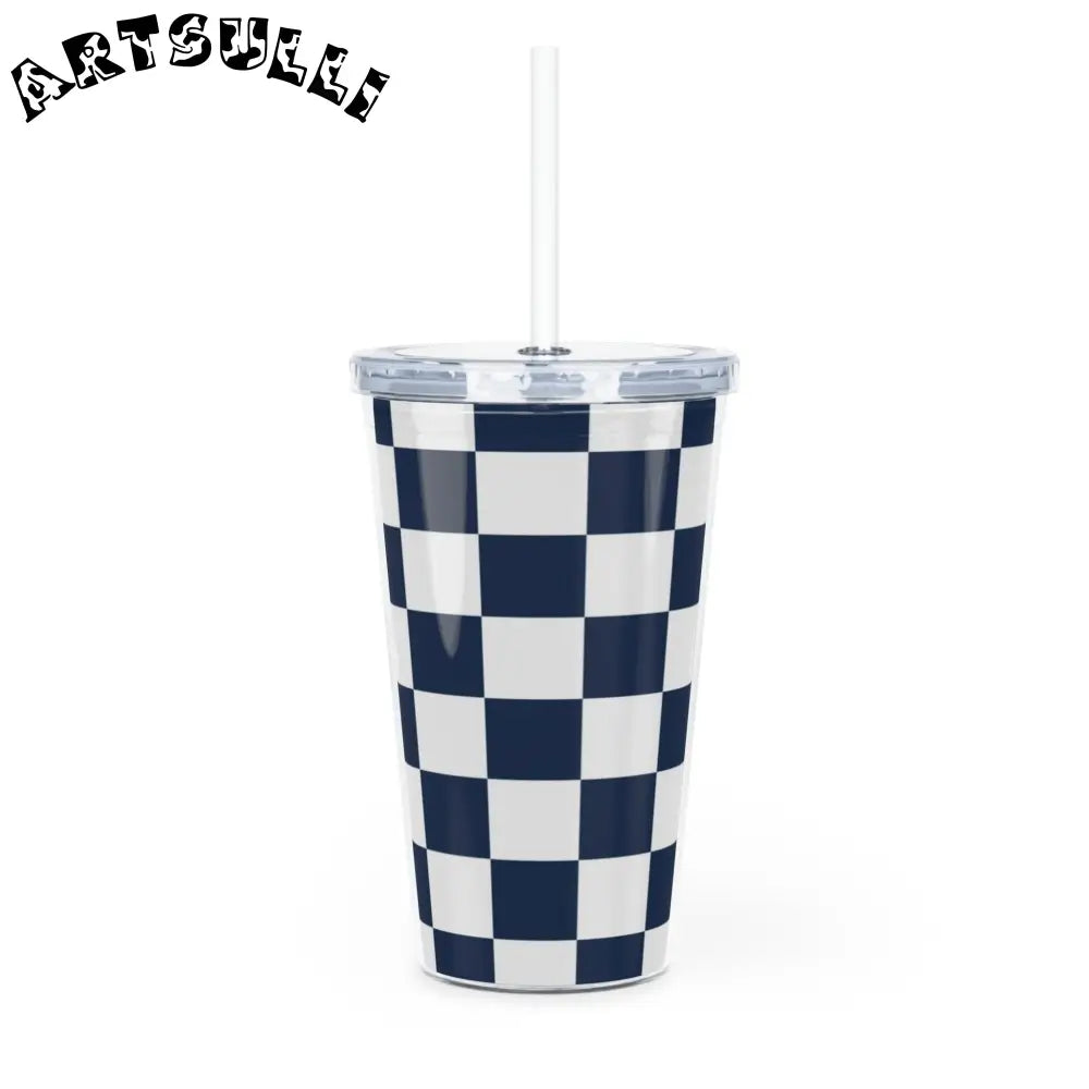 JAKKOUTTHEBXX Checkerboard White and Navy Blue Plastic Tumbler