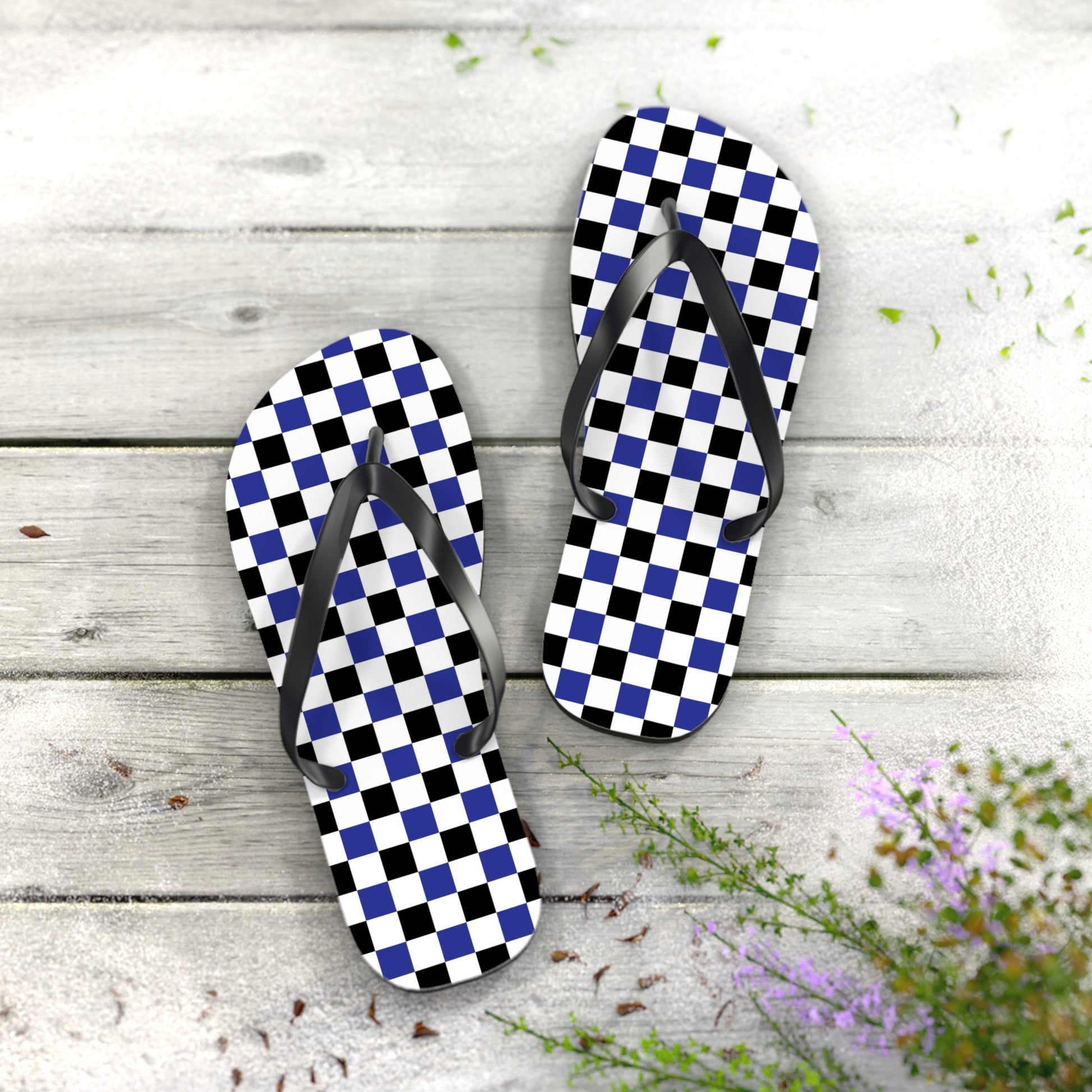 Checkerboard Blue White and Black Flip Flops, Artsulli - Art is Long, Life is Short, Shoes, , , , , , , 