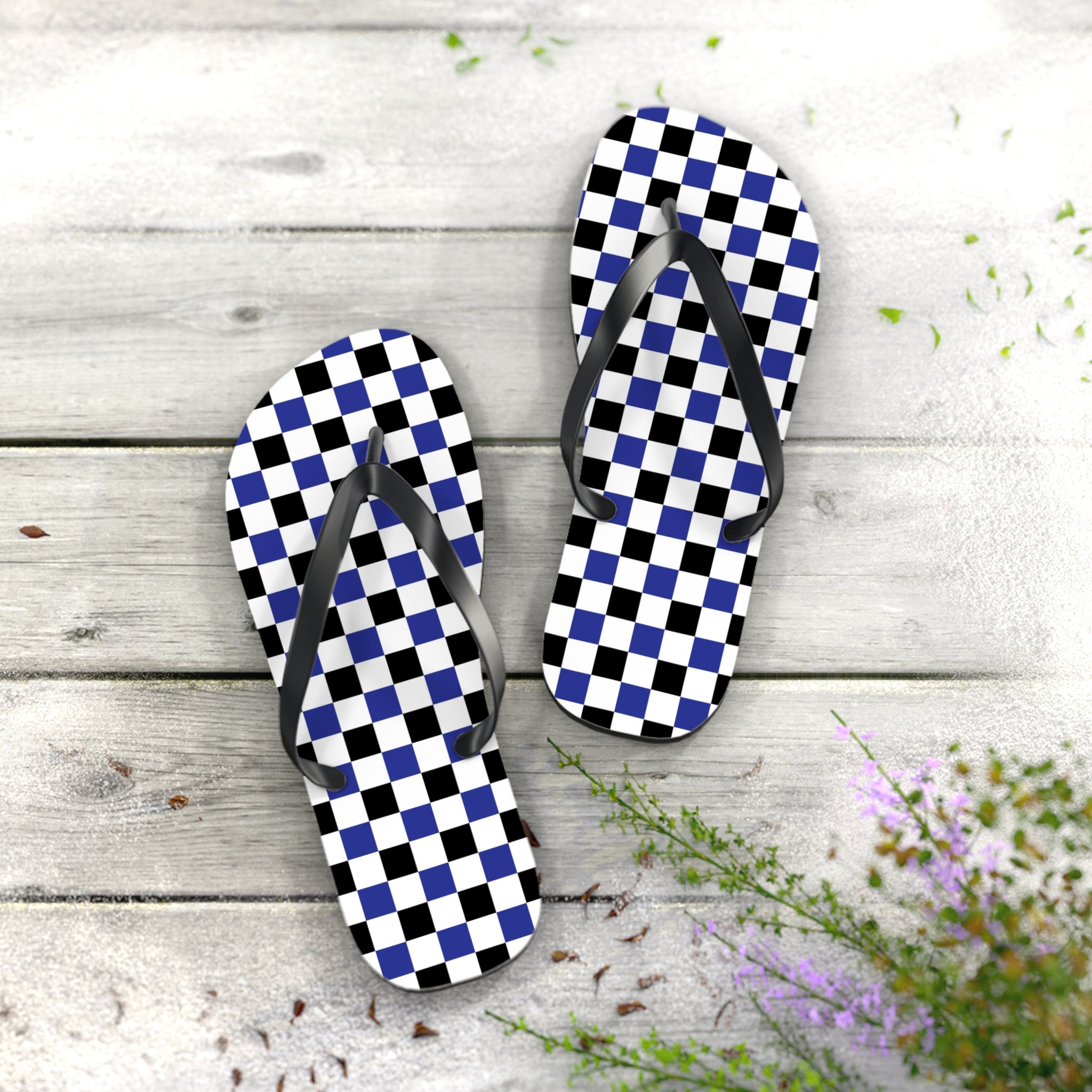 Checkerboard Blue White and Black Flip Flops, Artsulli - Art is Long, Life is Short, Shoes, , , , , , , 