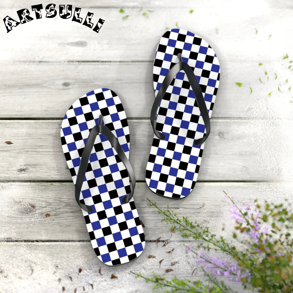 JAKKOUTTHEBXX Checkerboard Blue White and Black Flip Flops