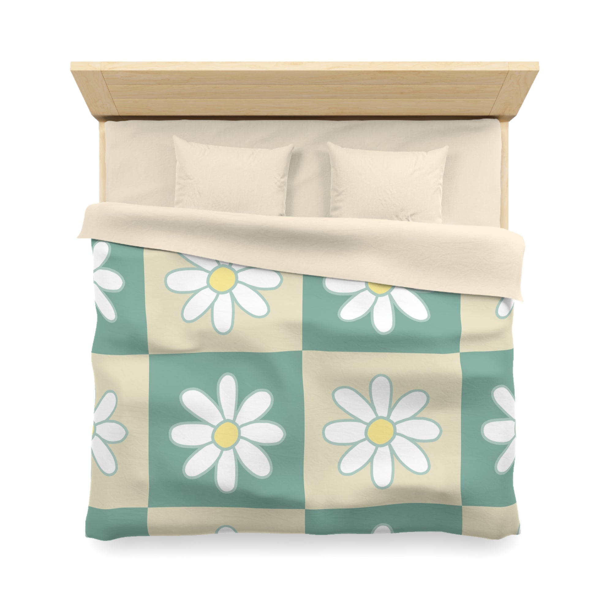 Retro Daisy Checkerboard Green and Tan Microfiber Duvet Cover, Artsulli - Art is Long, Life is Short, Home Decor, , , , , , , 
