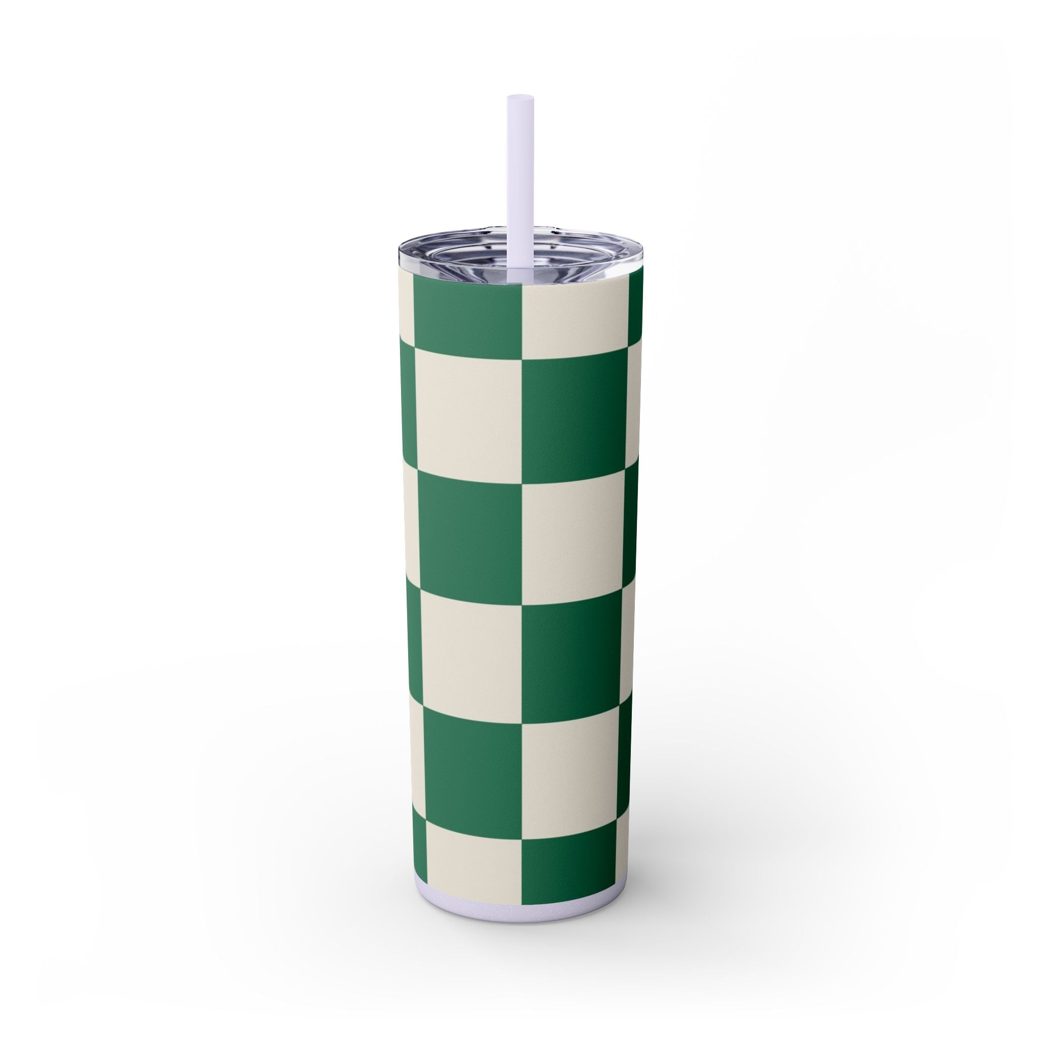 Checkerboard Dark Green Skinny Tumbler with Straw, 20oz, Artsulli - Art is Long, Life is Short, Mug, Finish, Glossy, Color, Glitter Lilac, Size, 20oz, 17418771707851228119