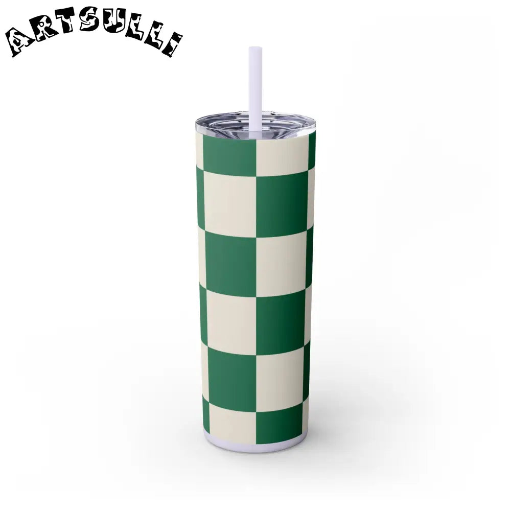 JAKKOUTTHEBXX Checkerboard Dark Green Skinny Tumbler with Straw 20oz