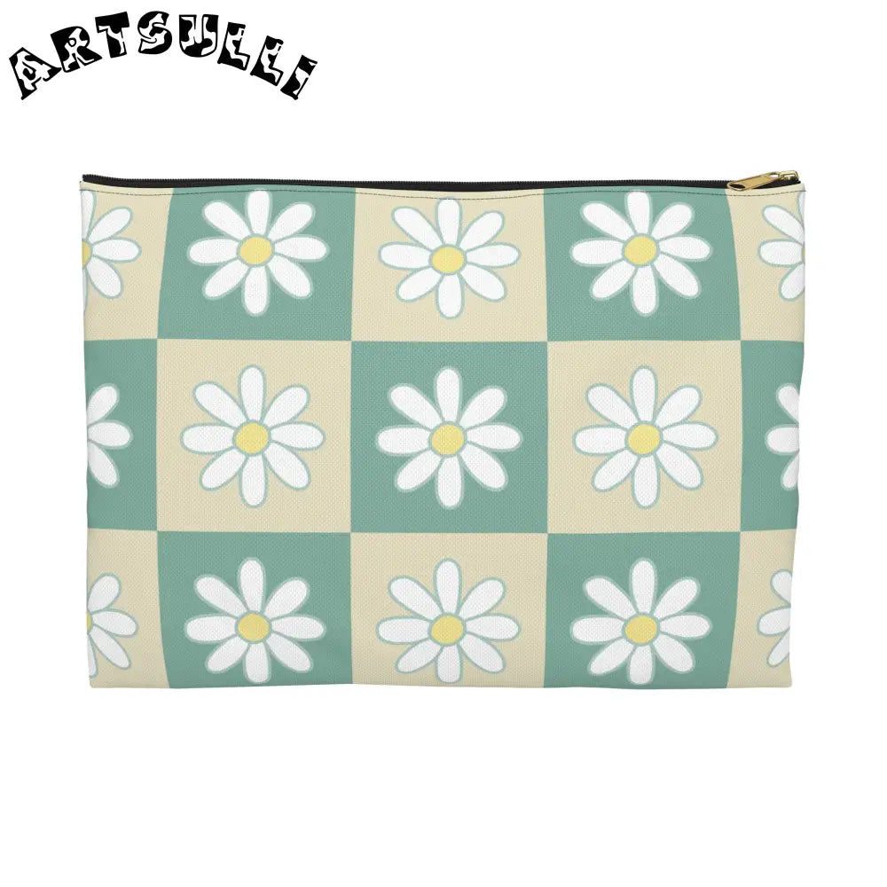 JAKKOUTTHEBXX Retro Daisy Checkerboard Green and Tan Accessory Pouch