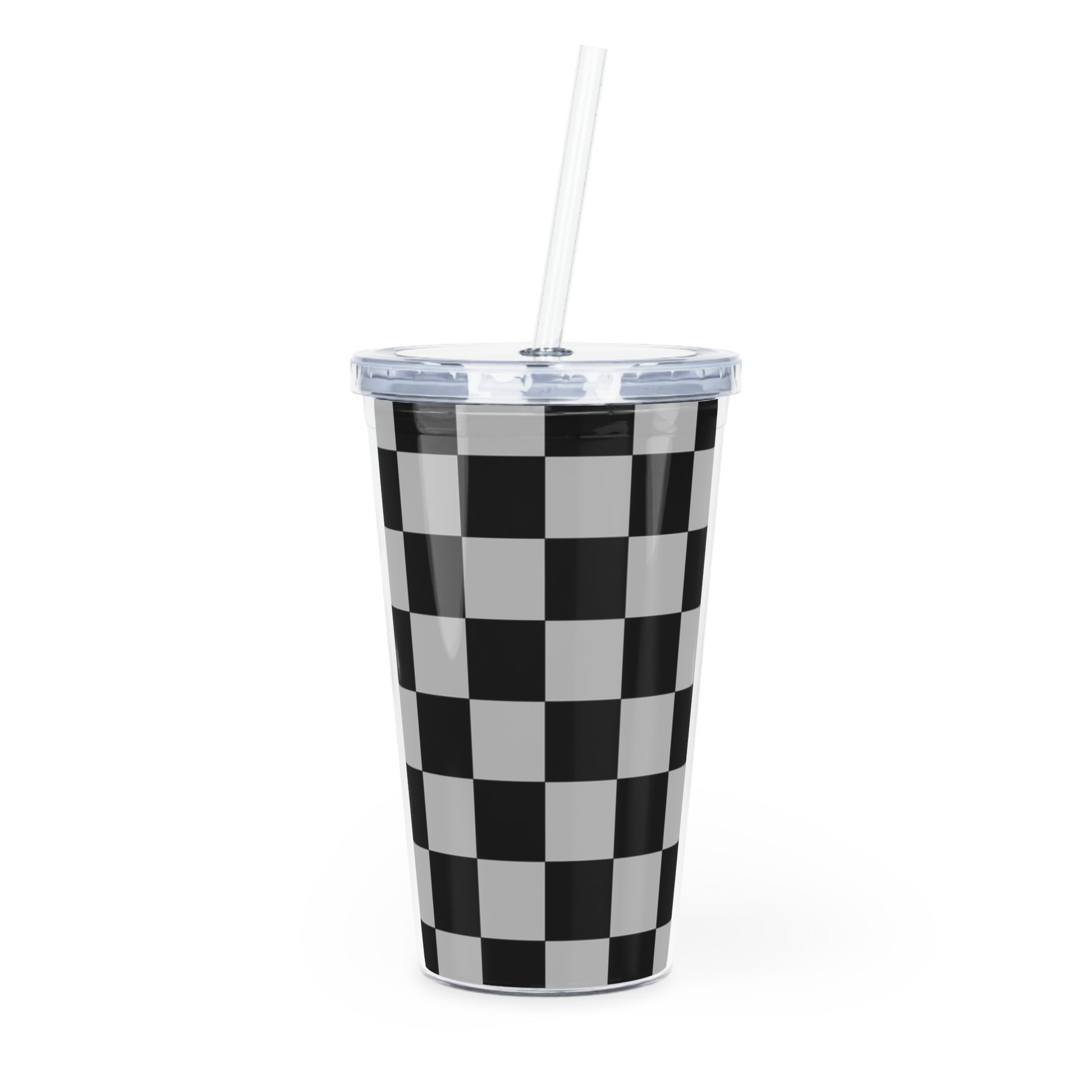 Checkerboard Dada Black and Light Gray Plastic Tumbler with Straw, Artsulli - Art is Long, Life is Short, Mug, Size, 20oz, Color, Transparent, , , 25458348949880073124