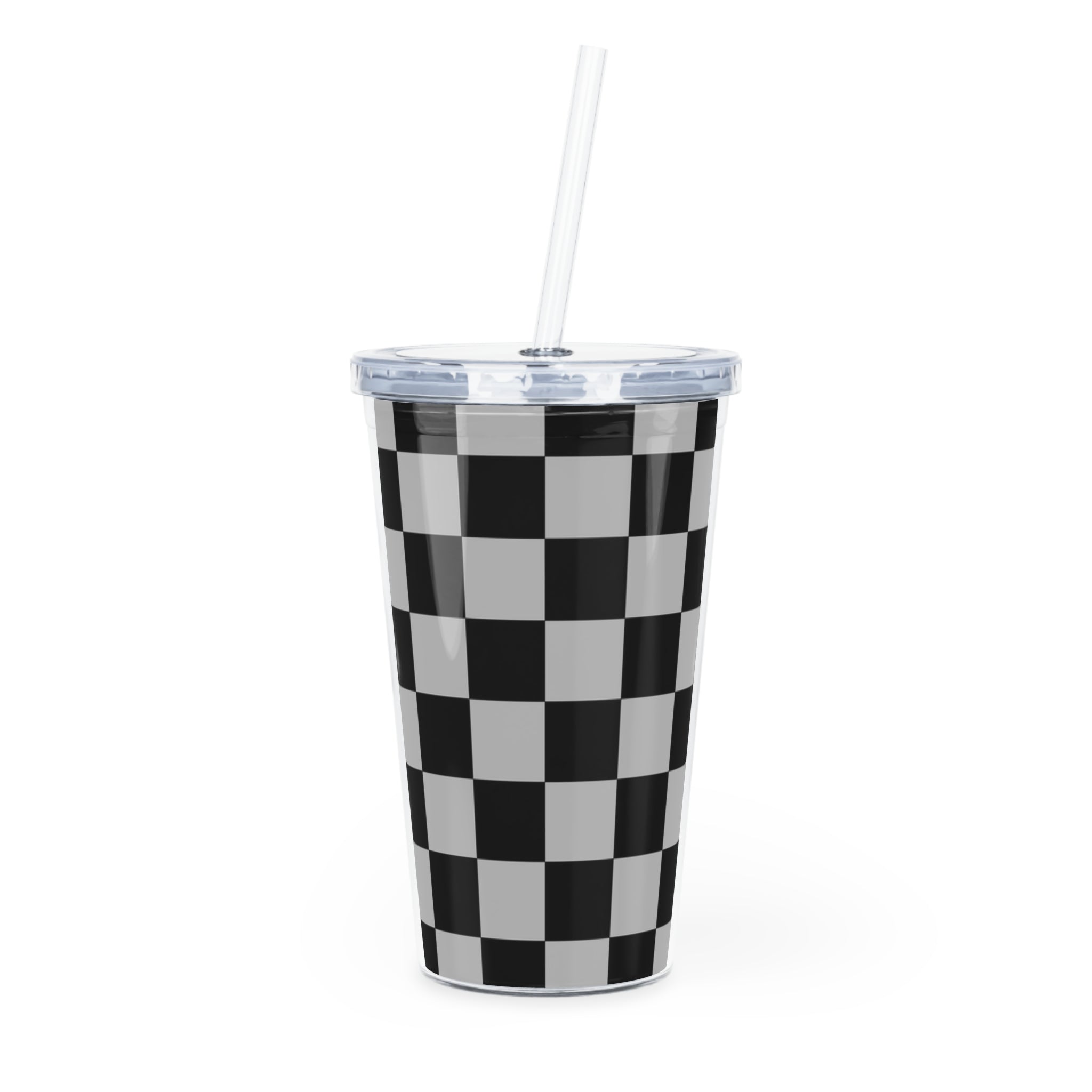 Checkerboard Dada Black and Light Gray Plastic Tumbler with Straw, Artsulli - Art is Long, Life is Short, Mug, Size, 20oz, Color, Transparent, , , 25458348949880073124