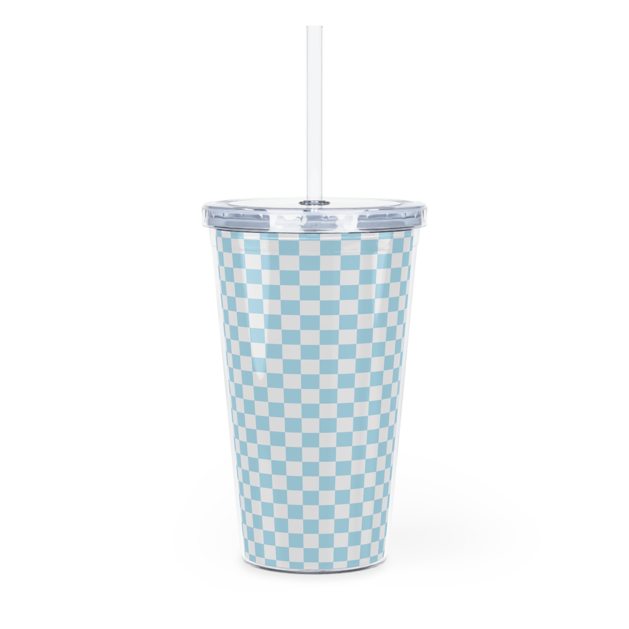 Checkerboard II Sky Blue Plastic Tumbler with Straw, Artsulli - Art is Long, Life is Short, Mug, , , , , , , 