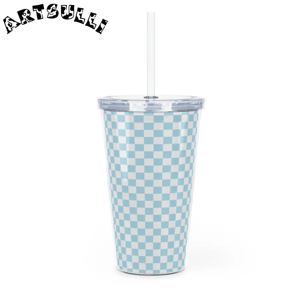 JAKKOUTTHEBXX Checkerboard II Sky Blue Plastic Tumbler with Straw