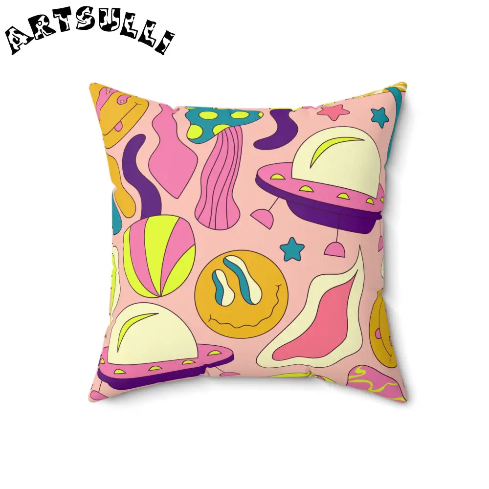 JAKKOUTTHEBXX Trippy Spaceships Pink Spun Polyester Square Pillow