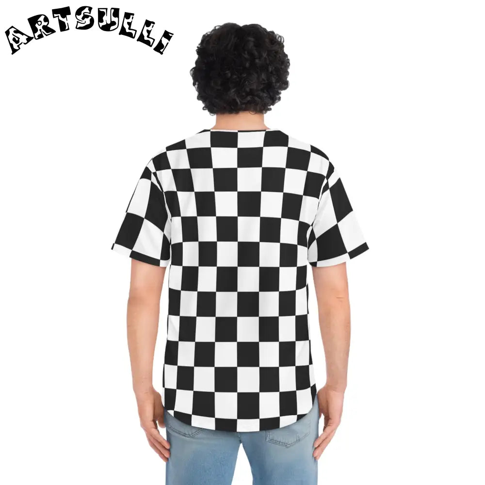 JAKKOUTTHEBXX Checkerboard White and Black Men’s Baseball Jersey