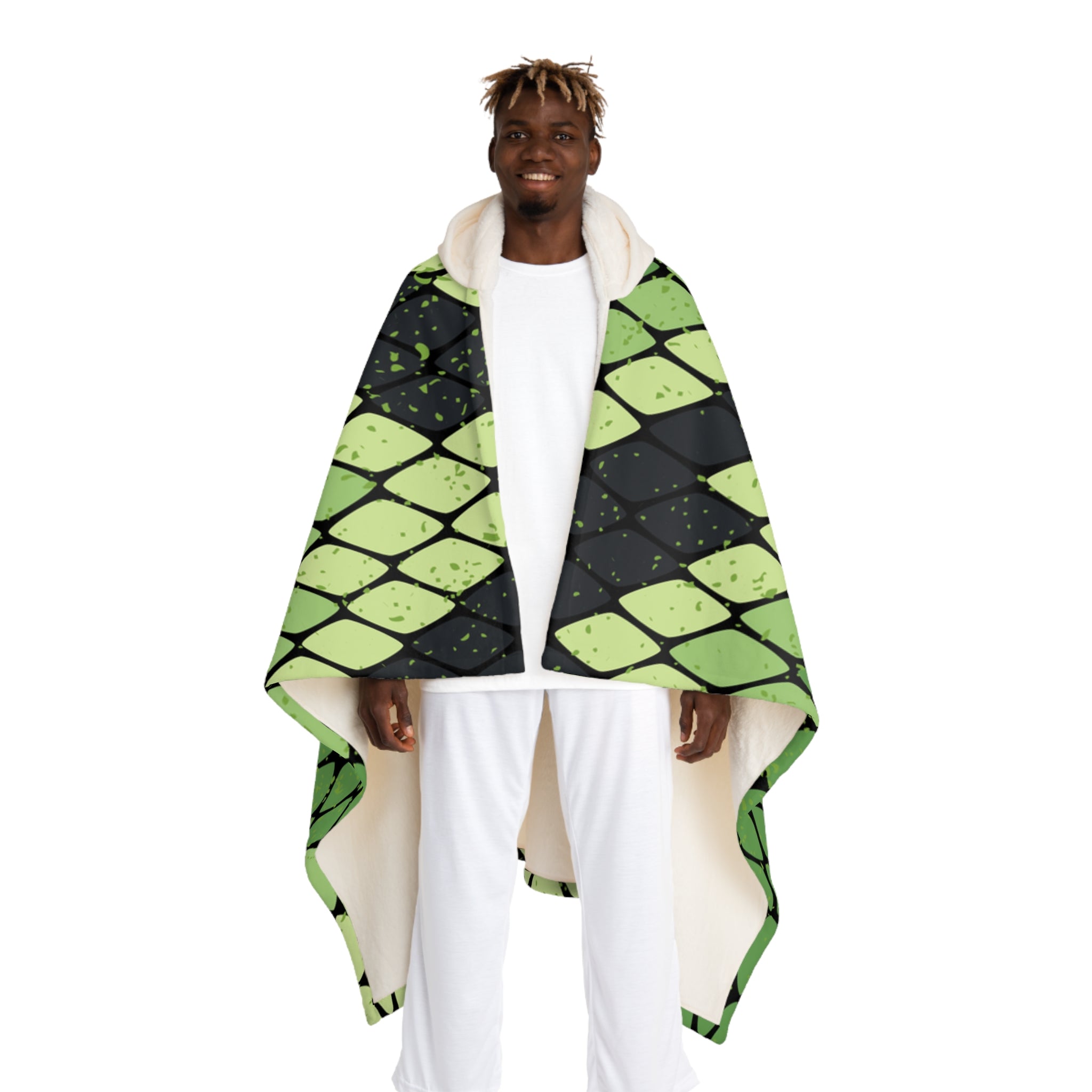 Snake Skin Green and Black Hooded Sherpa Fleece Blanket, Artsulli - Art is Long, Life is Short, All Over Prints, Size, One size, Color, Cream, , , 11184752570649
