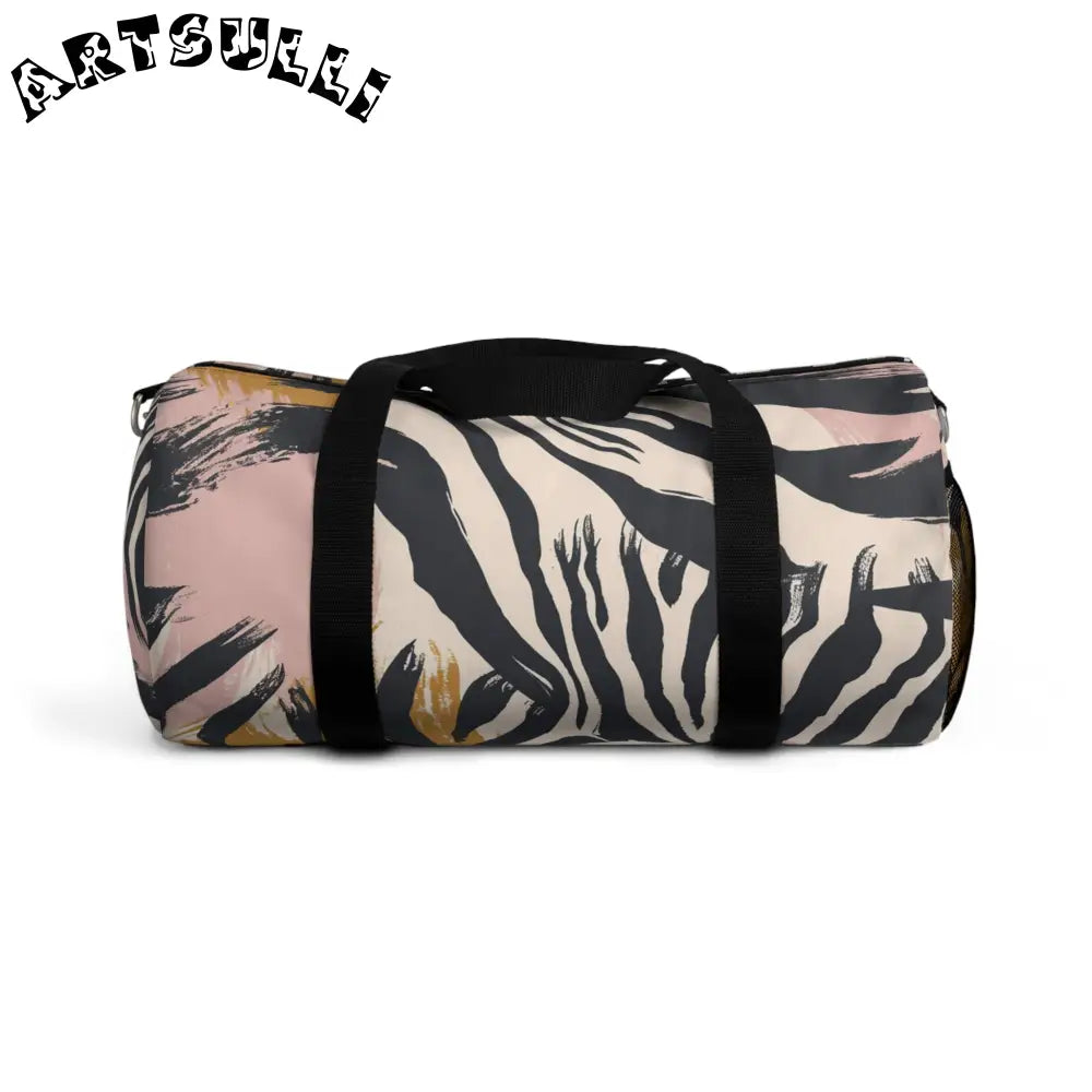 JAKKOUTTHEBXX Beige and Pink Abstract Zebra Print Duffel Bag