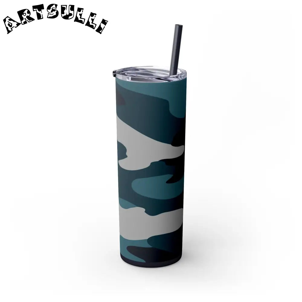 JAKKOUTTHEBXX Blue Camouflage Skinny Tumbler with Straw 20oz