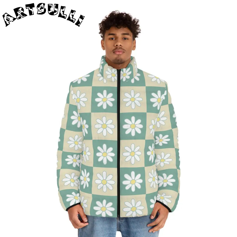 JAKKOUTTHEBXX Retro Daisy Checkerboard Green and Tan Men’s Puffer