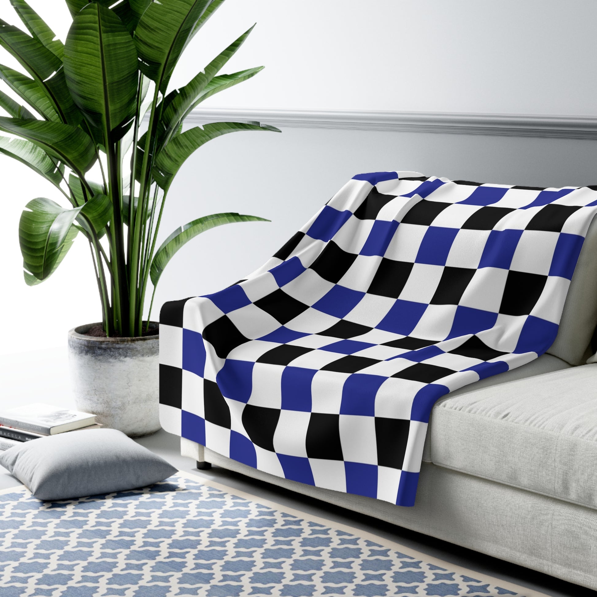 Checkerboard Blue White and Black Sherpa Fleece Blanket, Artsulli - Art is Long, Life is Short, Home Decor, , , , , , , 