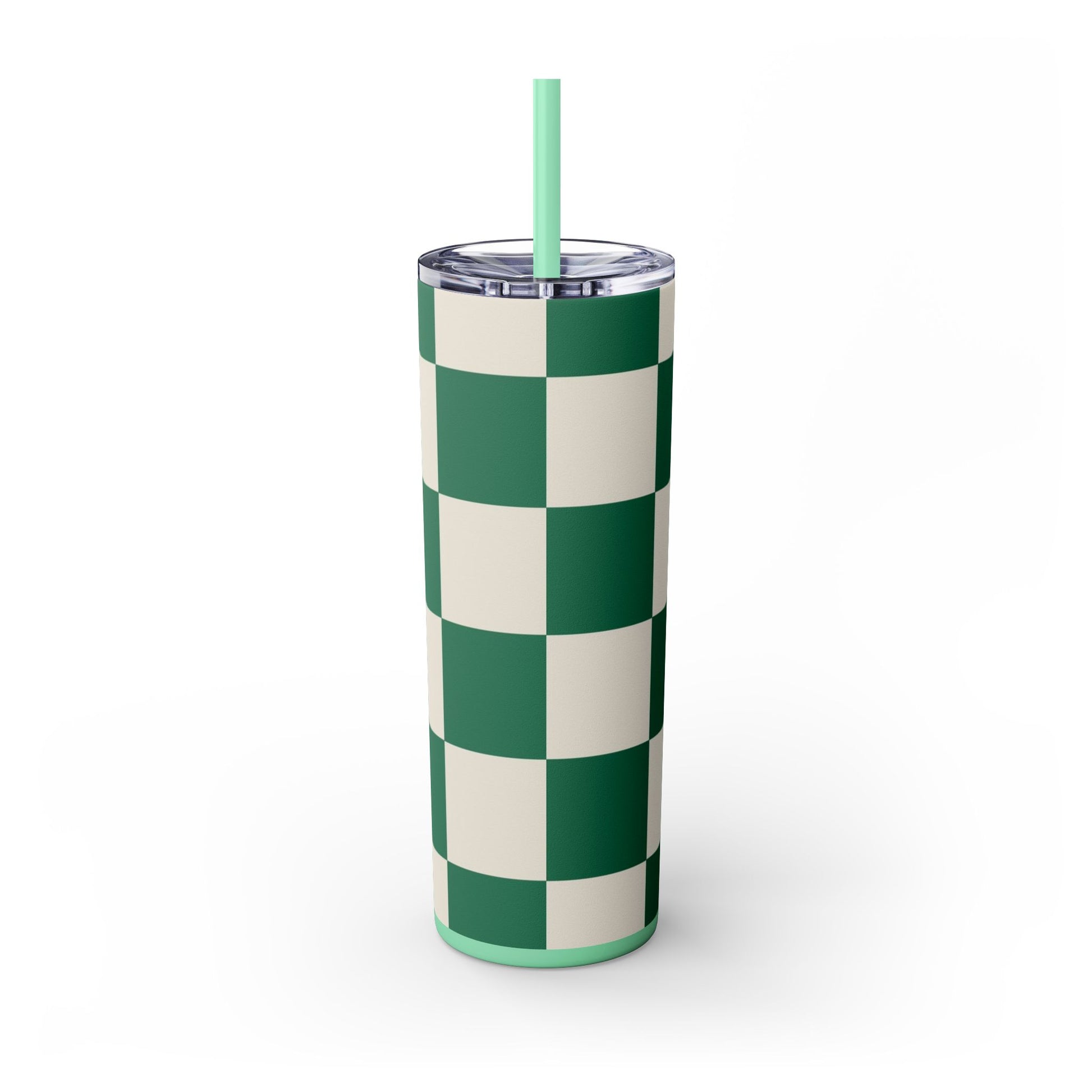 Checkerboard Dark Green Skinny Tumbler with Straw, 20oz, Artsulli - Art is Long, Life is Short, Mug, , , , , , , 
