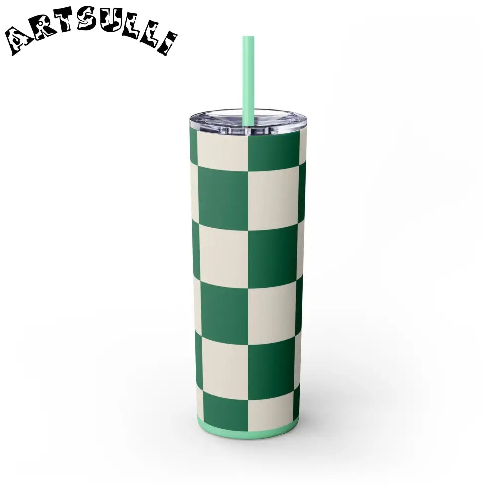 JAKKOUTTHEBXX Checkerboard Dark Green Skinny Tumbler with Straw 20oz