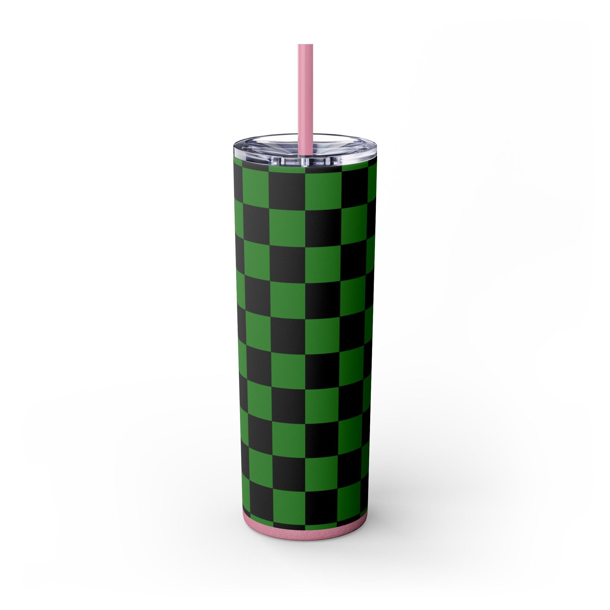 Checkerboard Green and Black Skinny Tumbler with Straw, 20oz, Artsulli - Art is Long, Life is Short, Mug, , , , , , , 