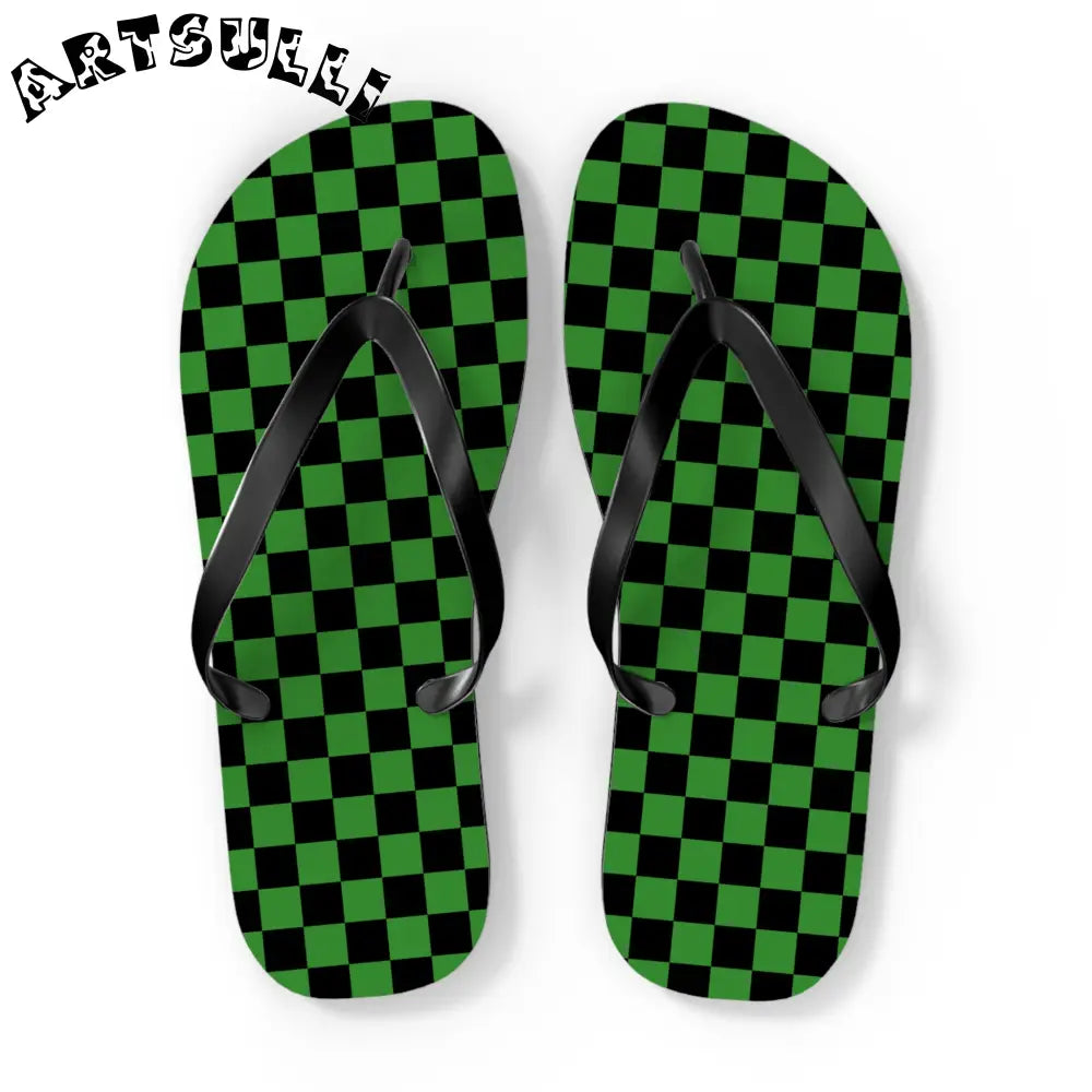 JAKKOUTTHEBXX Checkerboard Green and Black Flip Flops JAKKOUTTHEBXX