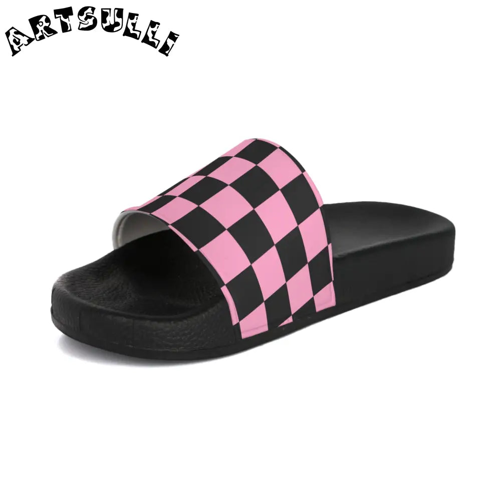 JAKKOUTTHEBXX Checkerboard Black and Pink Men’s Slide Sandals