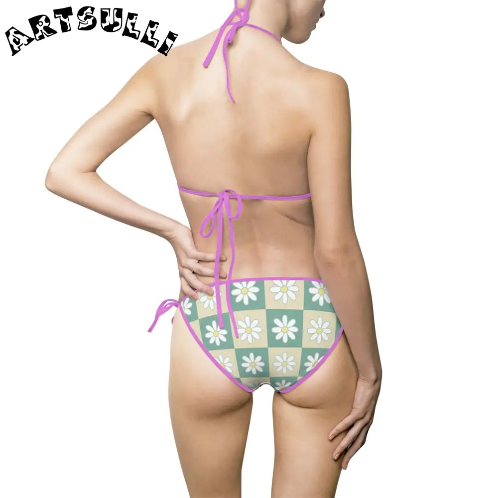 JAKKOUTTHEBXX Retro Daisy Checkerboard Green and Tan Women’s Bikini