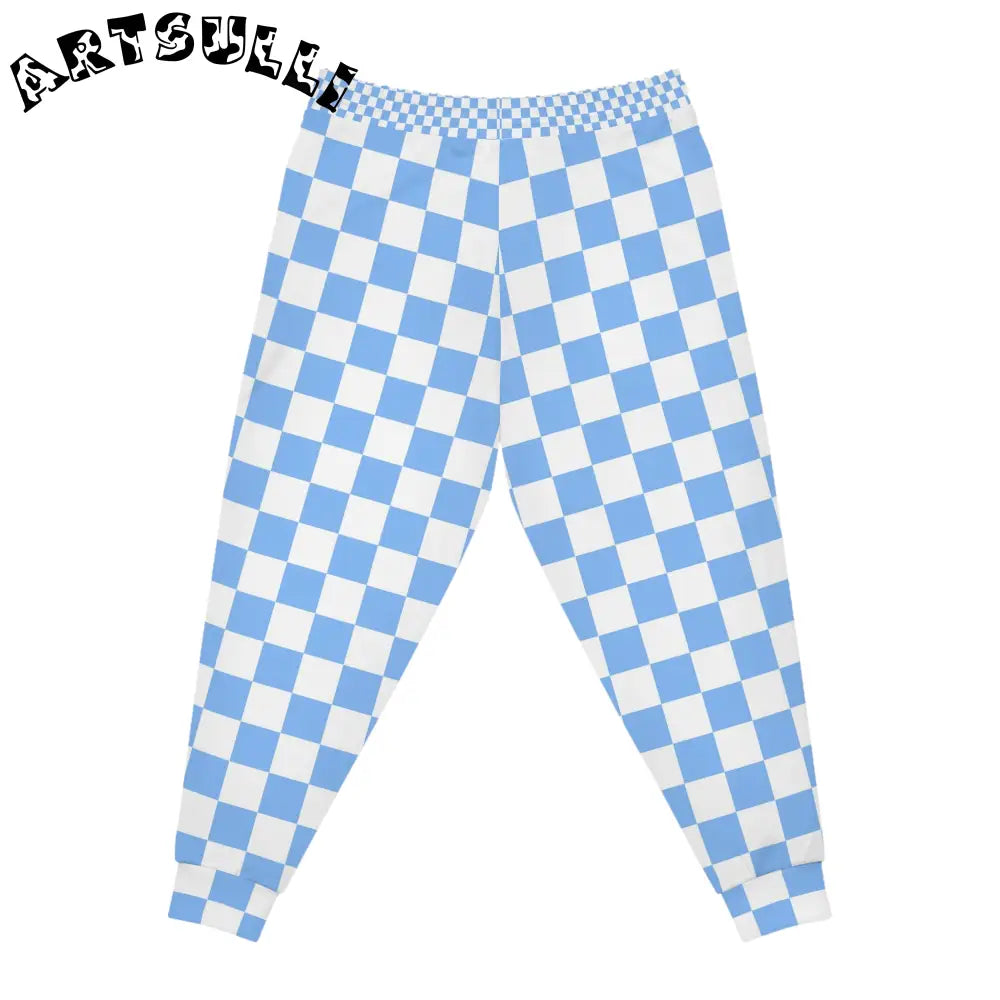 JAKKOUTTHEBXX Checkerboard White and Light Blue Athletic Joggers