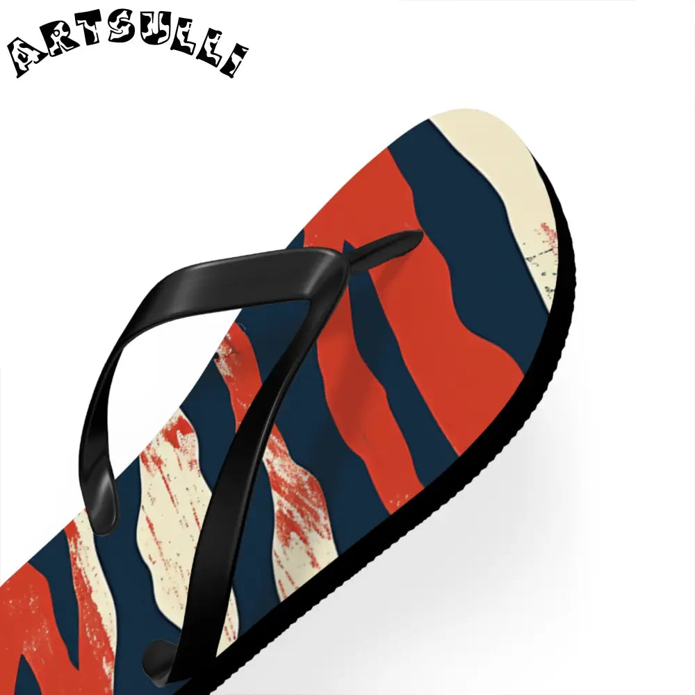 JAKKOUTTHEBXX Red White Blue Abstract Striped Flip Flops