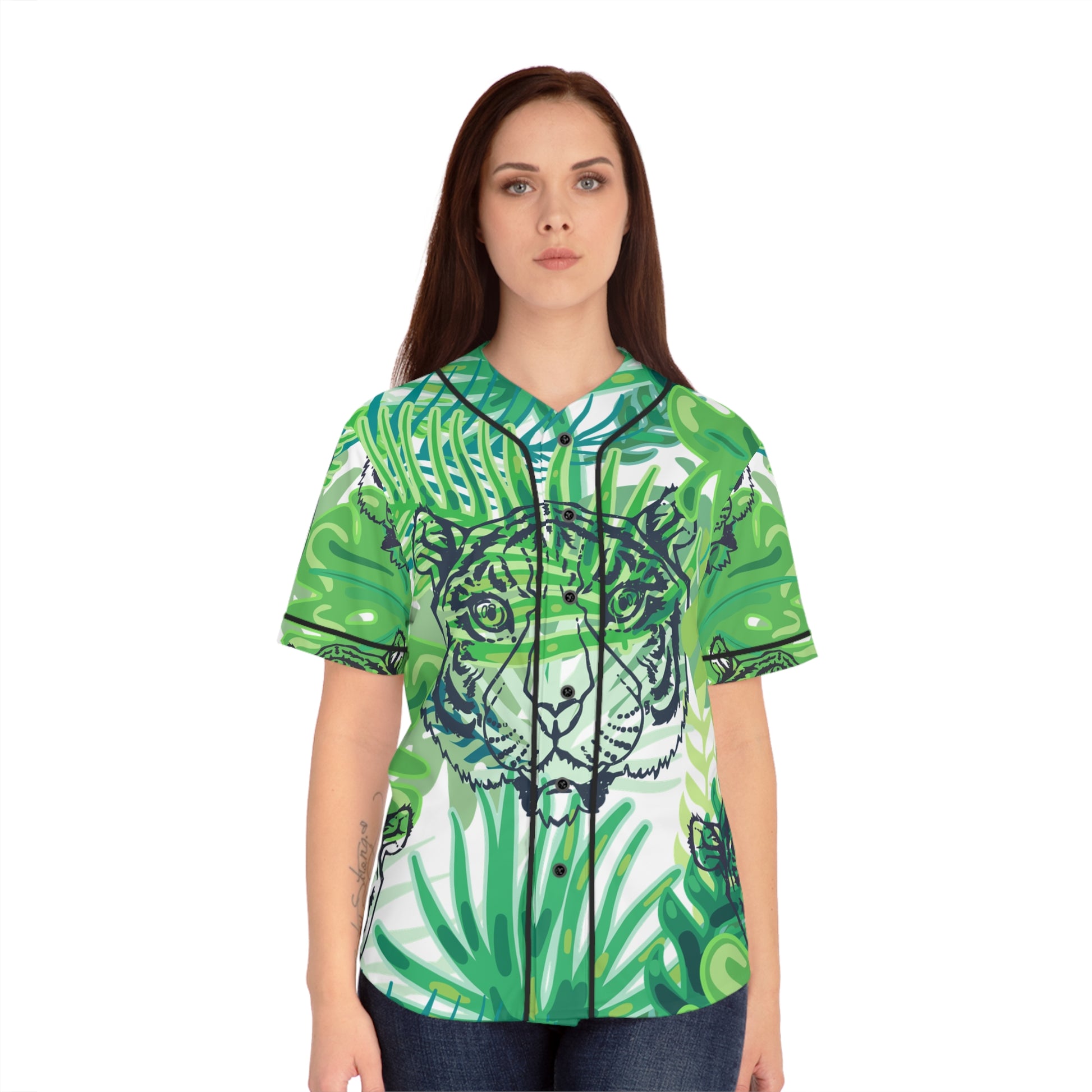 Tropical Jungle Tigers Green Women's Baseball Jersey (AOP), Artsulli - Art is Long, Life is Short, All Over Prints, , , , , , , 