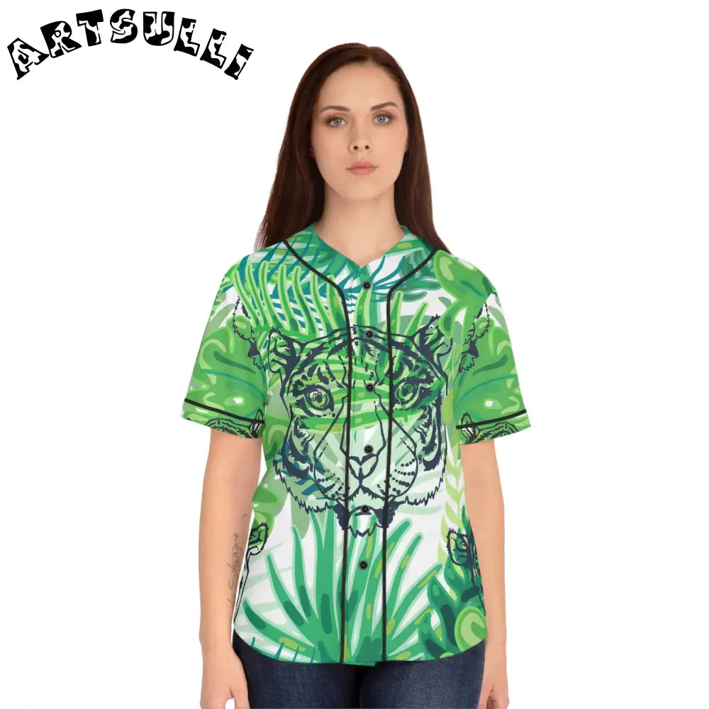 JAKKOUTTHEBXX Tropical Jungle Tigers Green Women’s Baseball Jersey